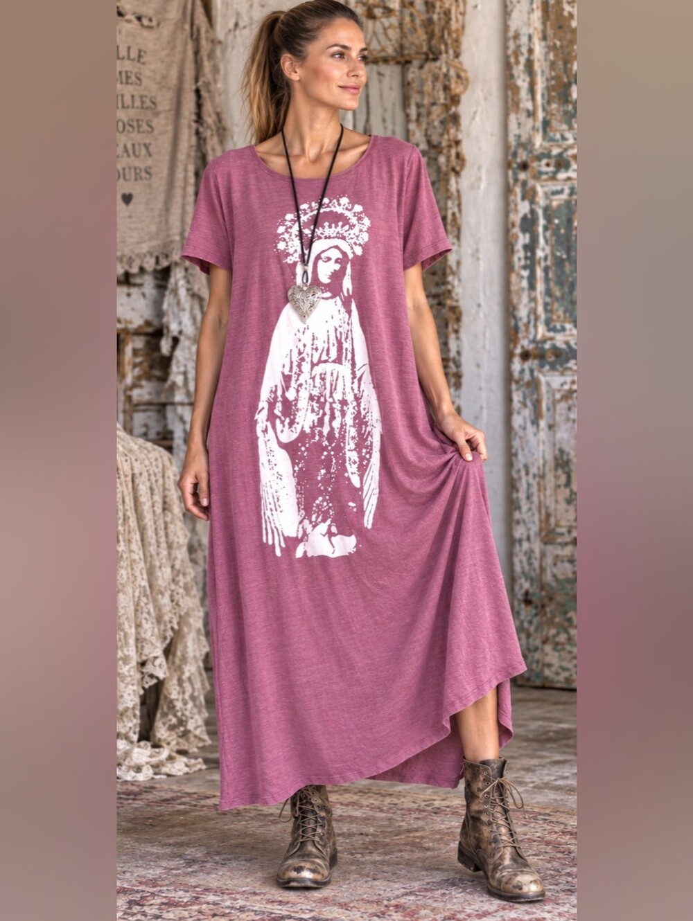 Magnolia Style Free Relaxed Mauve Graphic Long boho Cotton Dress with Pockets M